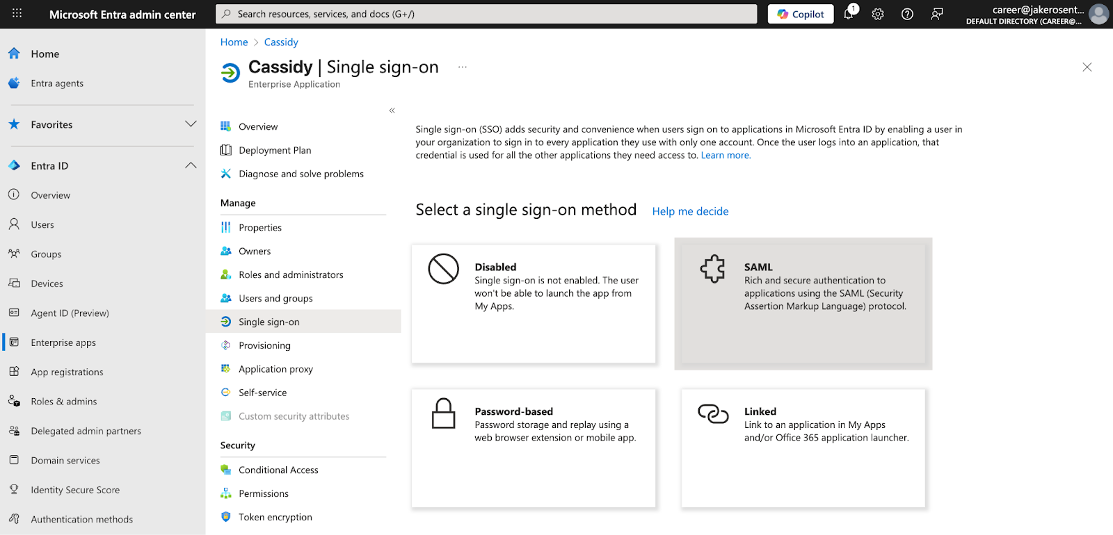 Entra ID Single sign-on page with SAML option