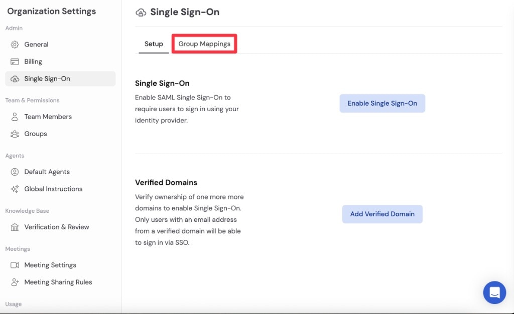 Single Sign-On page in Organization Settings with Group Mappings tab highlighted