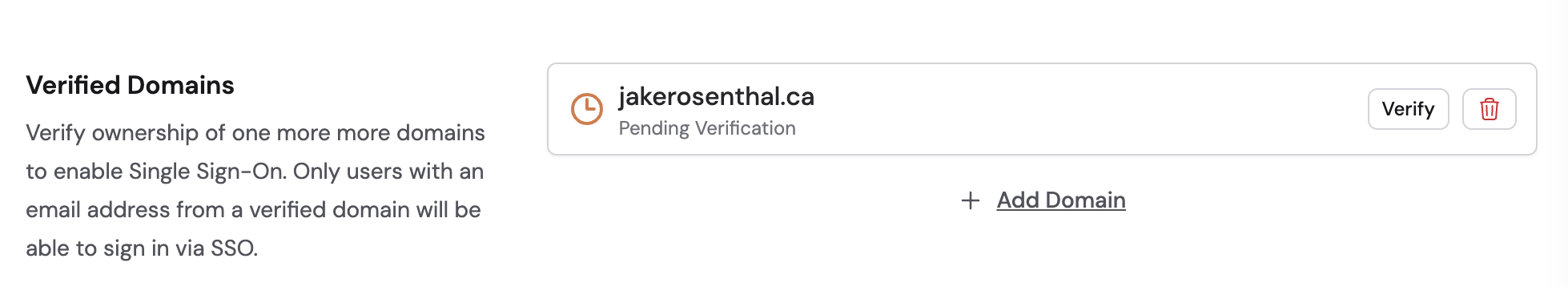 Verify Domain button in Cassidy SSO settings