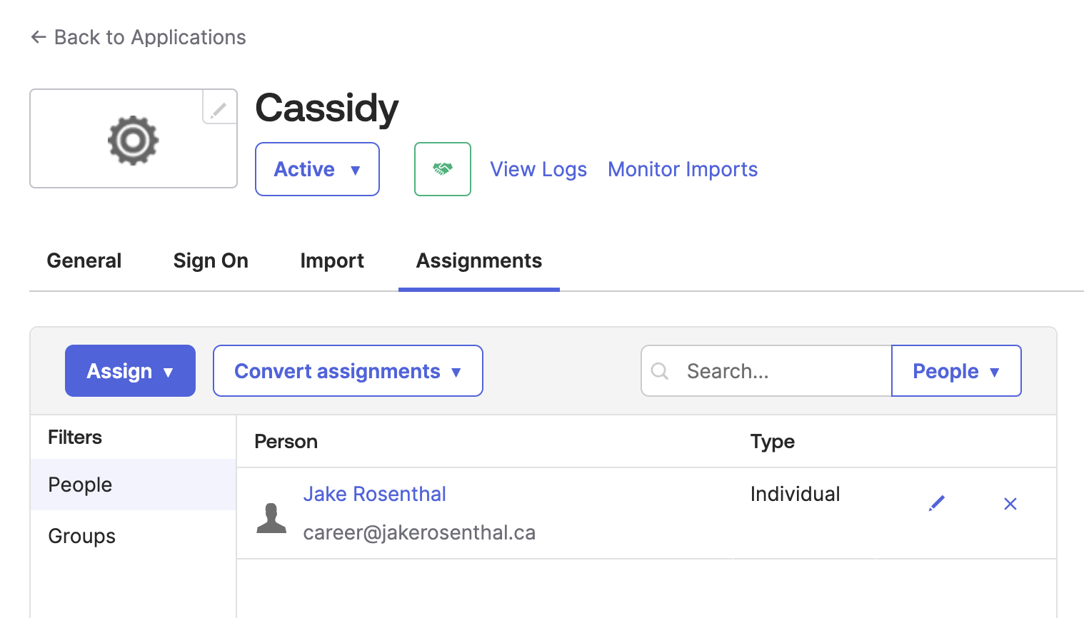 Okta Assignments tab for assigning users and groups to the Cassidy app