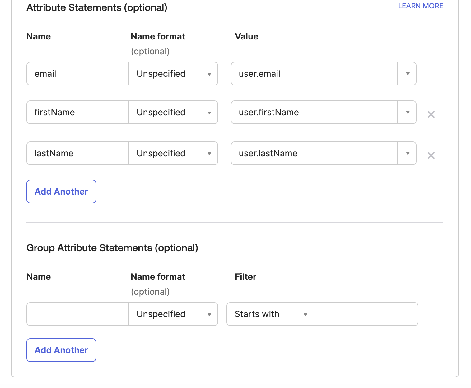 Okta attribute statements mapping email, firstName, and lastName