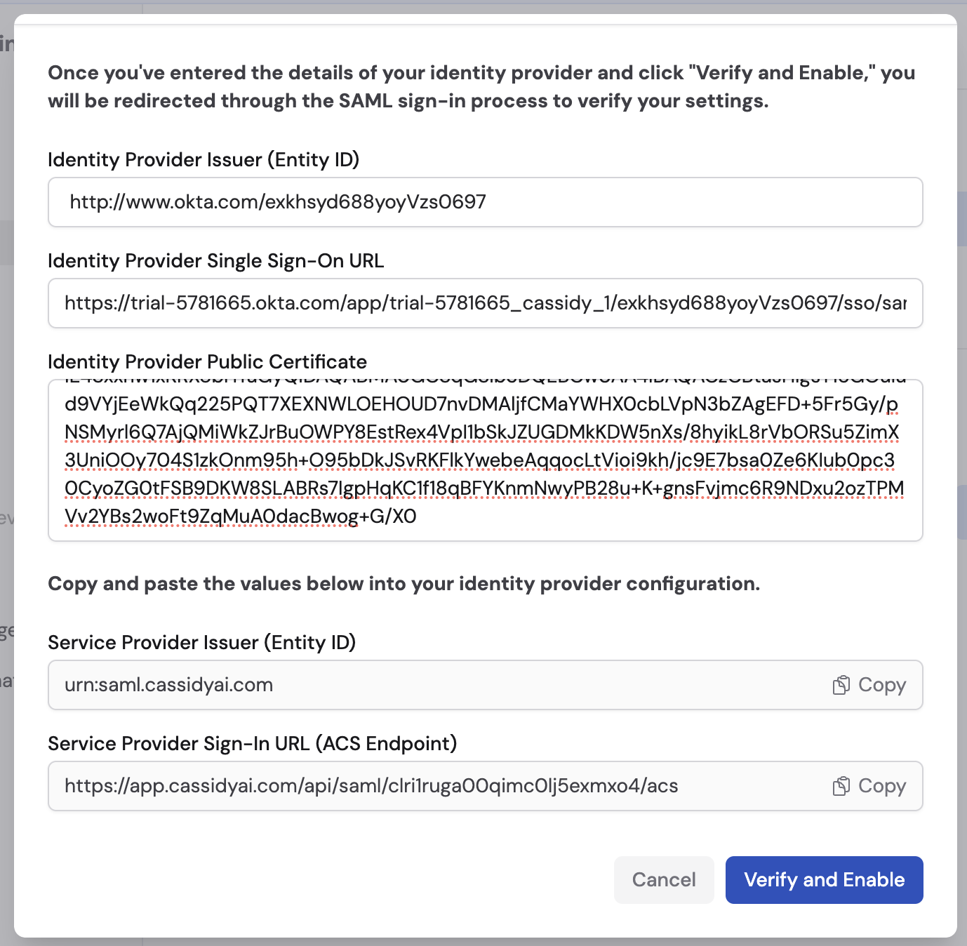 Okta Sign On tab showing the SSO URL, Issuer, and certificate download