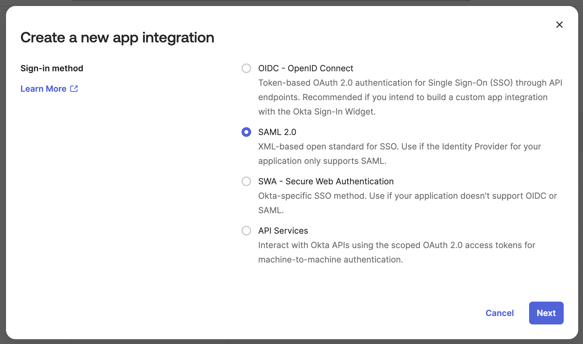 Okta sign-in method selection with SAML 2.0 selected