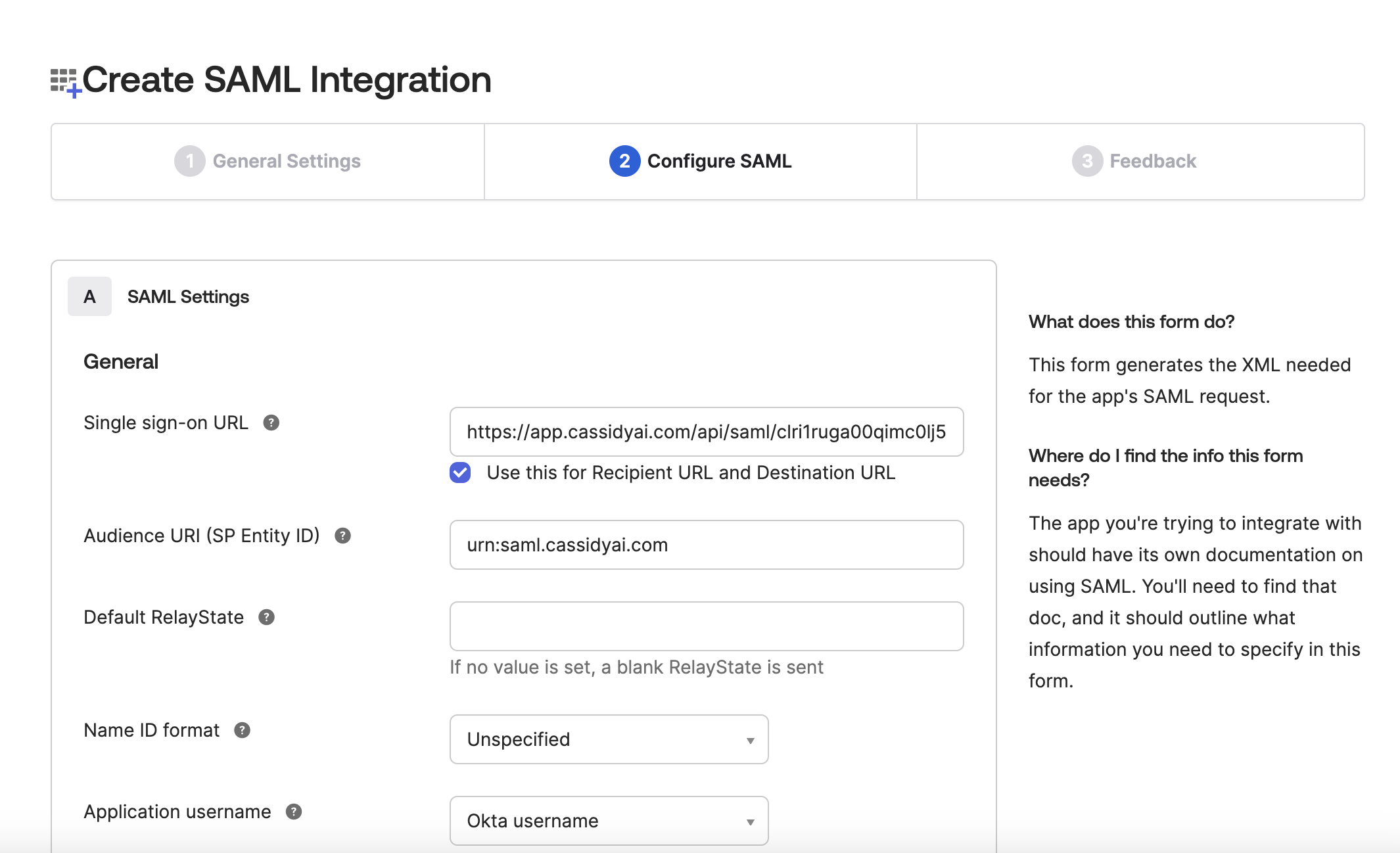 Okta SAML settings showing Single sign-on URL and Audience URI fields