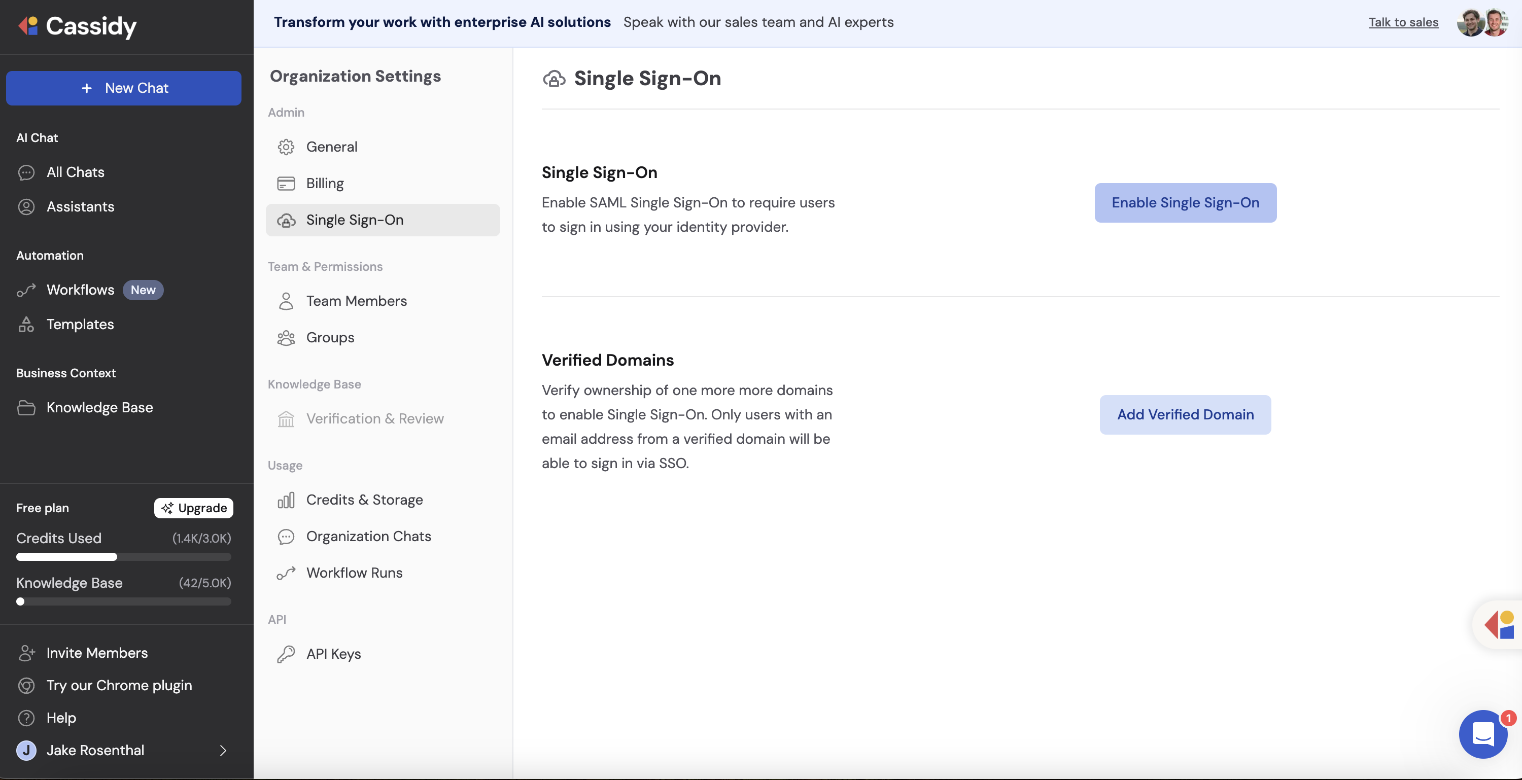 SSO configuration page in Organization Settings