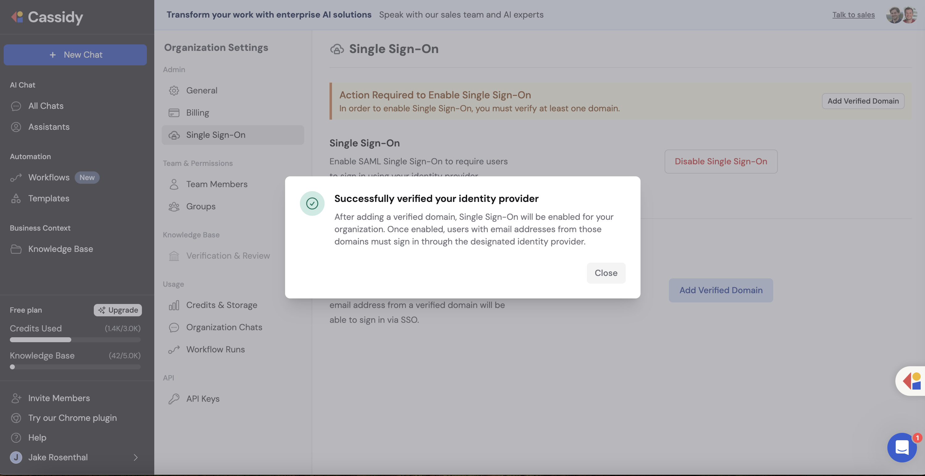 Cassidy SSO configuration with Verify and Enable button