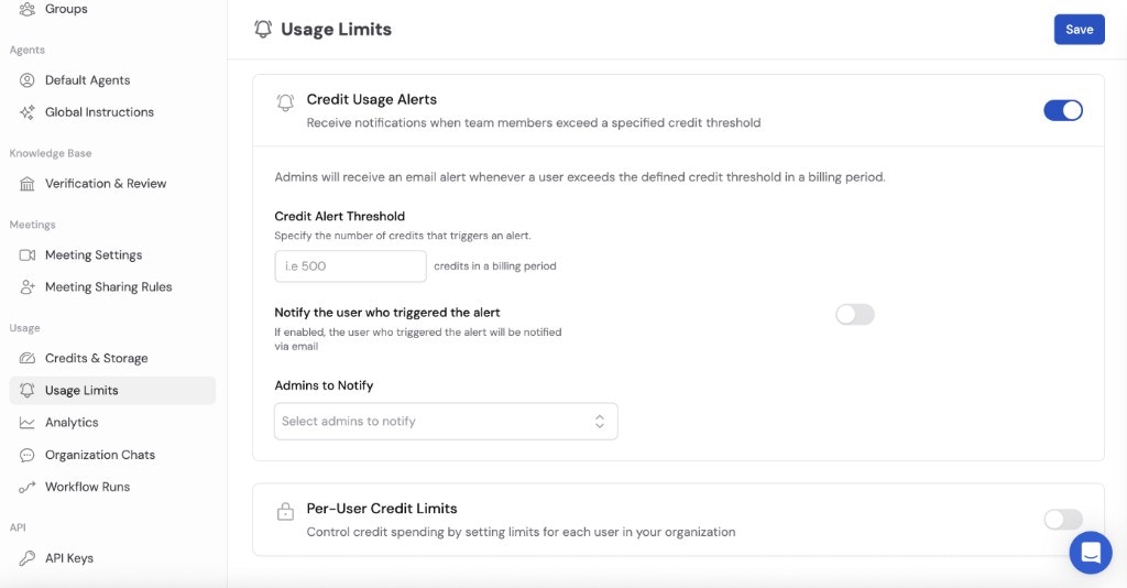 Usage Limits page in Organization Settings showing Credit Usage Alerts enabled