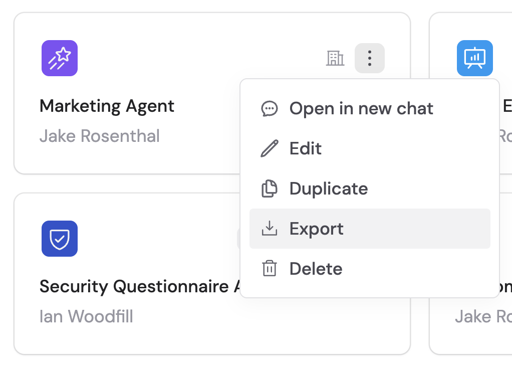 Agent card context menu showing Open in new chat, Edit, Duplicate, Export, and Delete options