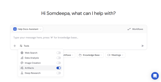 Tools dropdown in Chat with Artifacts toggled on