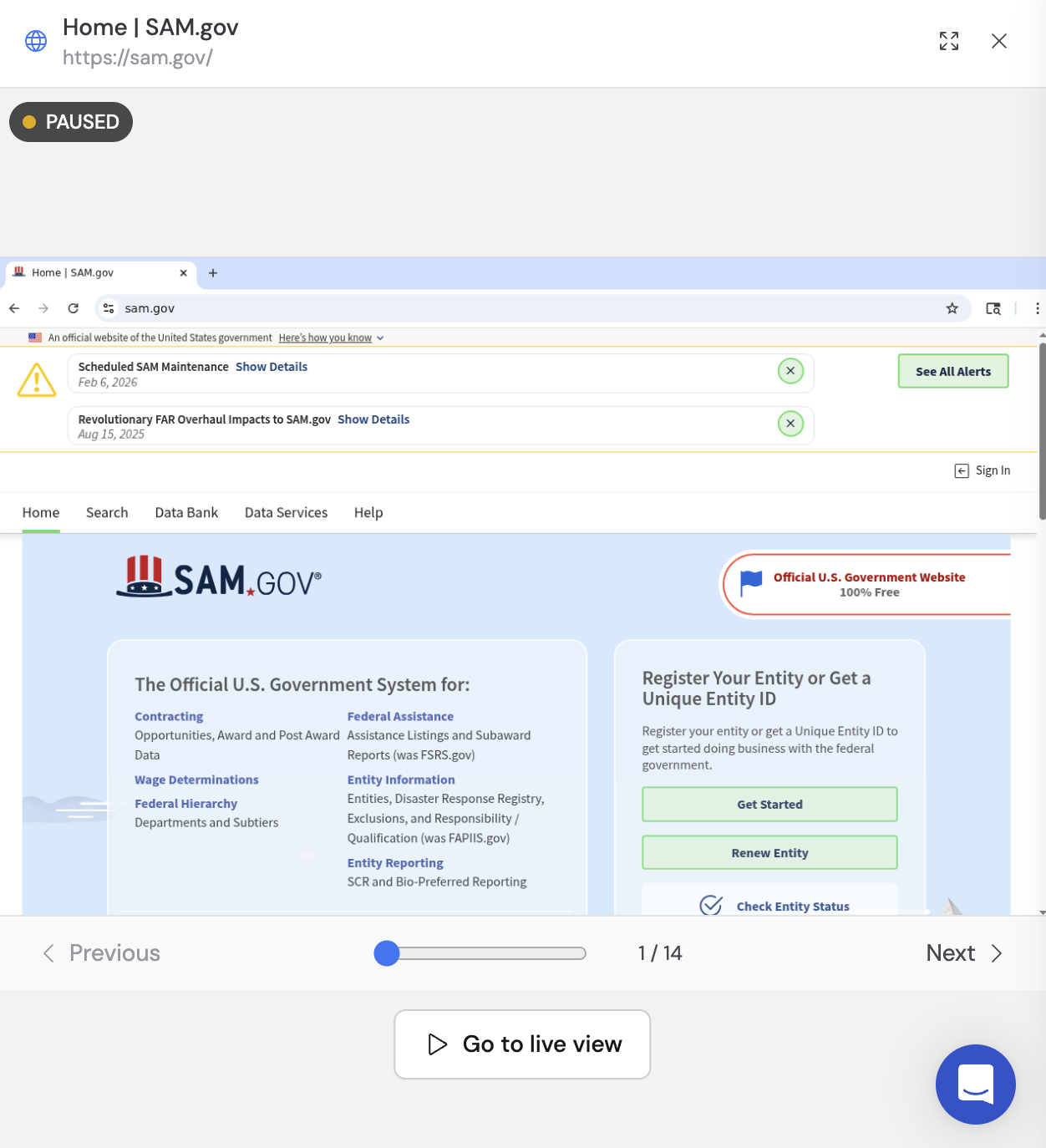 Screenshot browser showing a SAM.gov page with Previous and Next navigation and step counter