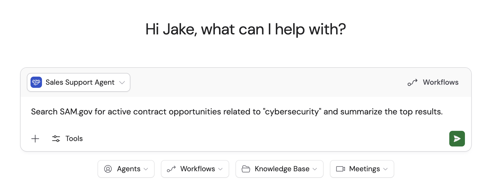 Chat message requesting the Agent to search SAM.gov for cybersecurity contract opportunities