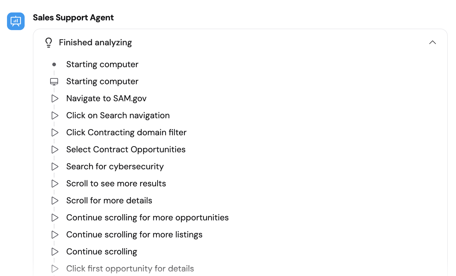 Finished analyzing dropdown showing the full list of browser actions taken
