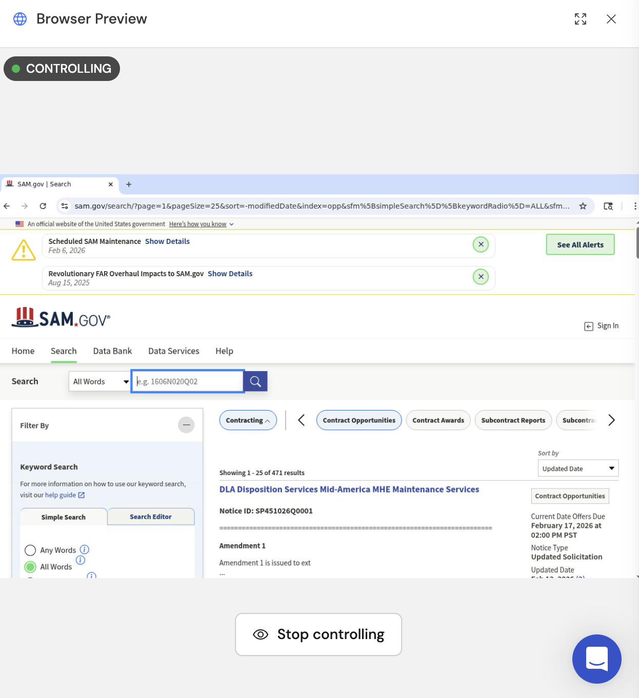 Side-by-side browser preview with Click to take control option