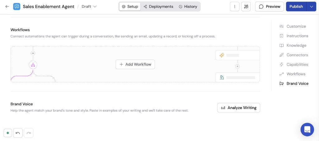 Agent editor showing the Workflows section with connected Workflows and Add Workflow button