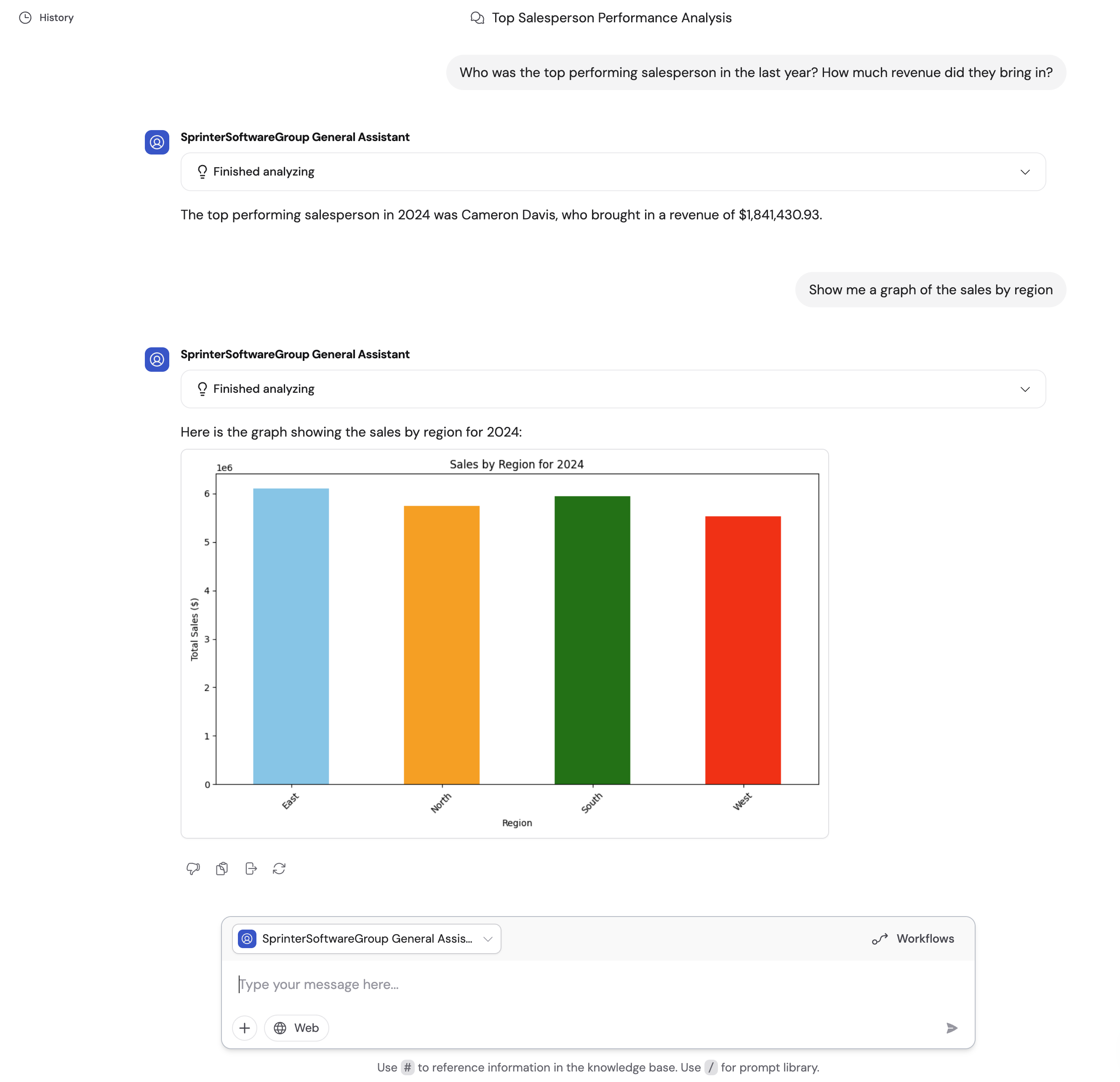 Agent analyzing uploaded data and returning results in a conversation