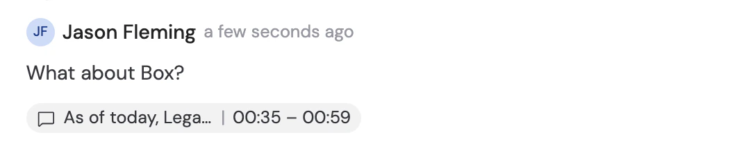 Posted comment with a clickable transcript range tag linking to the recording moment