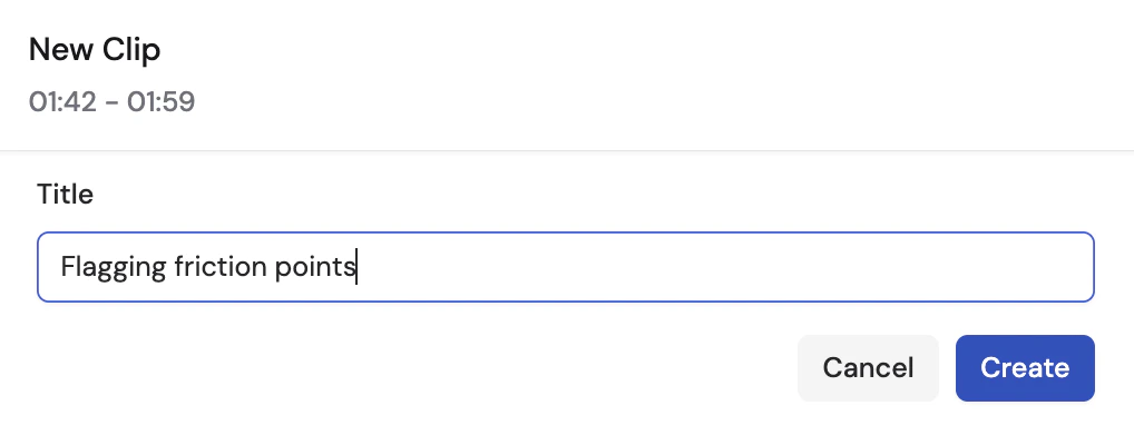 New Clip dialog with a title field showing the clip's start and end timestamps