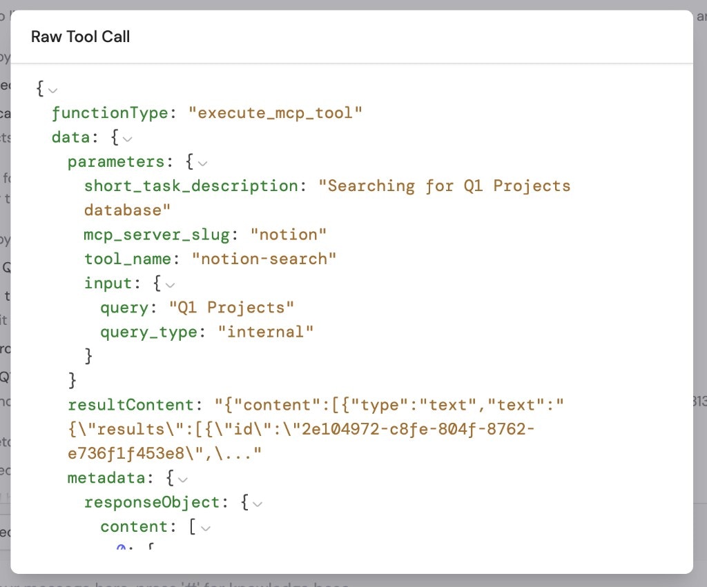 Raw Tool Call panel showing the MCP server function call details including tool name, input parameters, and result content