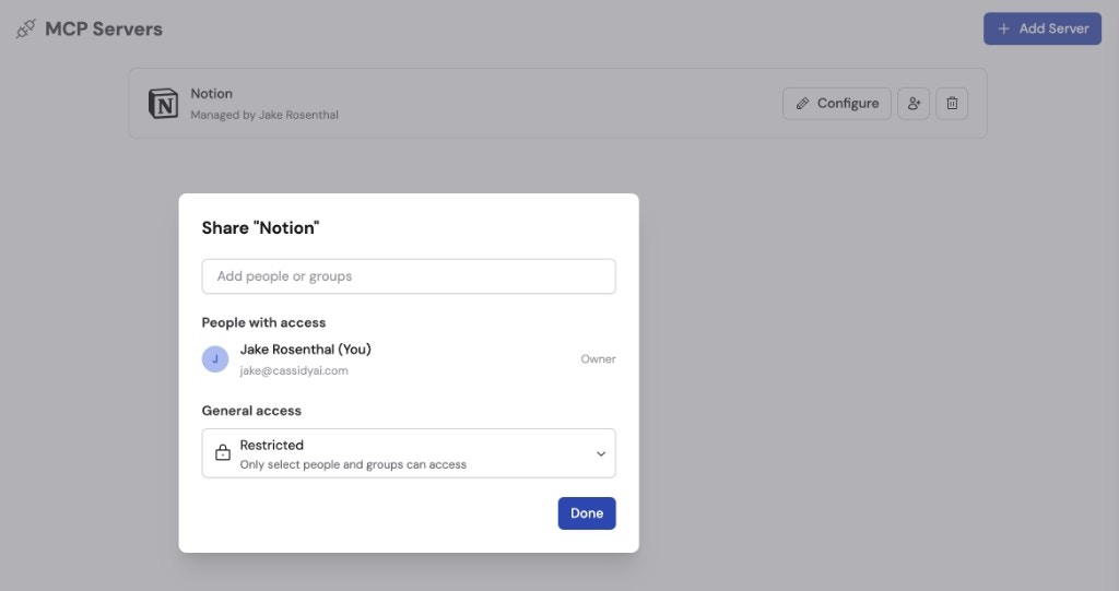 Share dialog for a Notion MCP server showing people with access, general access set to Restricted, and a Done button