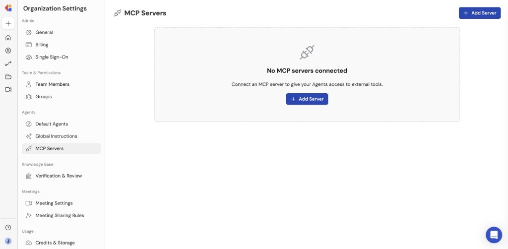 Organization Settings window with the MCP Servers tab selected in the left sidebar, showing an empty state with Add Server button