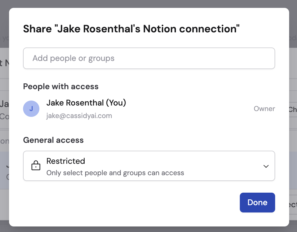 Share connection dialog showing people with access, general access set to Restricted, and a Done button