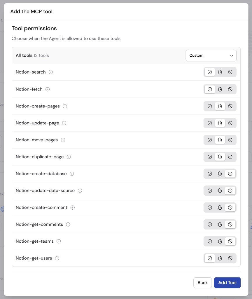 Tool permissions screen showing 12 individual MCP server tools with Always Allow, Needs Approval, and Disabled toggles for each, plus an Add Tool button