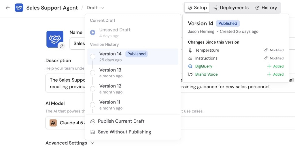 Draft dropdown showing version history with published versions, changes since each version, and Publish Current Draft option