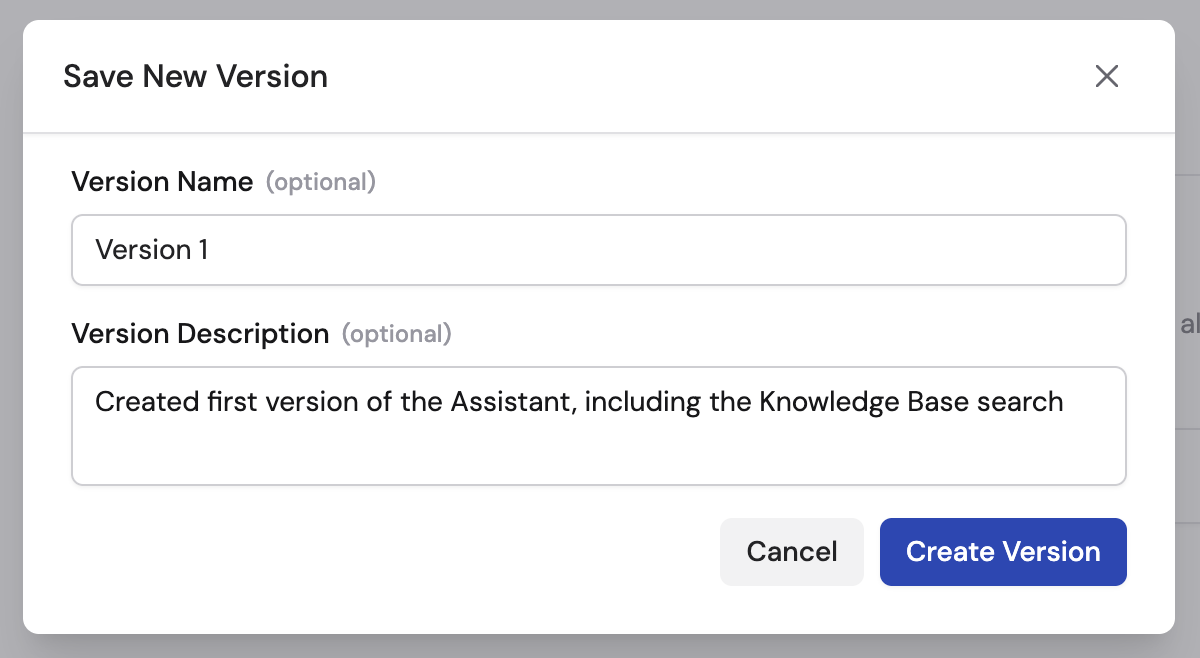 Publish dialog with Version Name and description fields