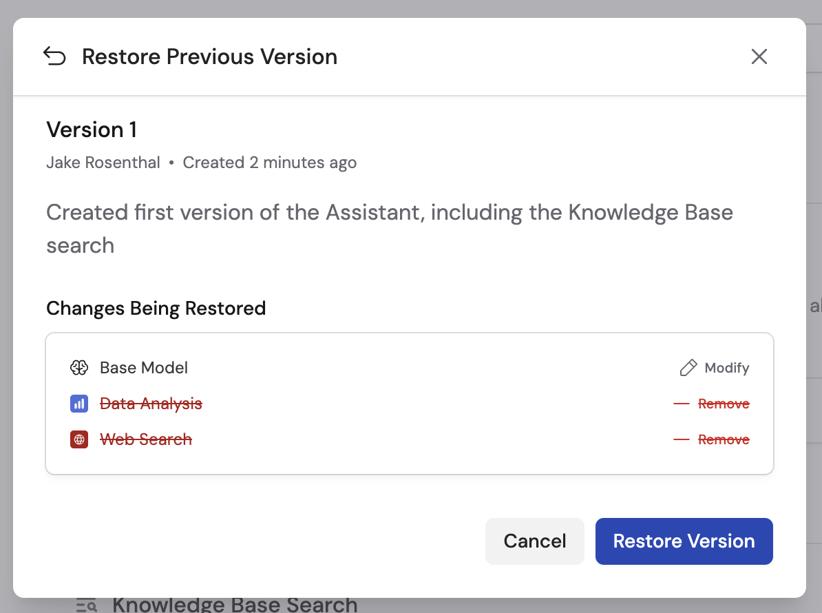 Restore Version modal showing version details and a confirm button