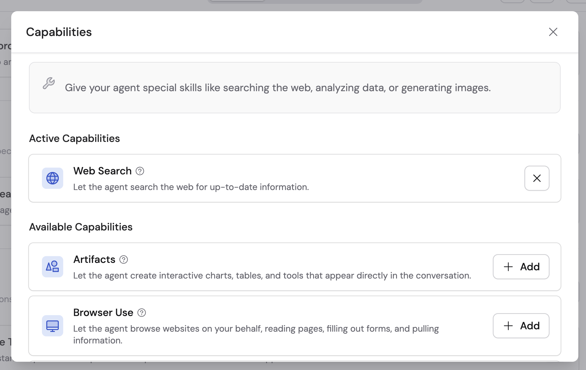 Capabilities dialog showing Web Search with Add button