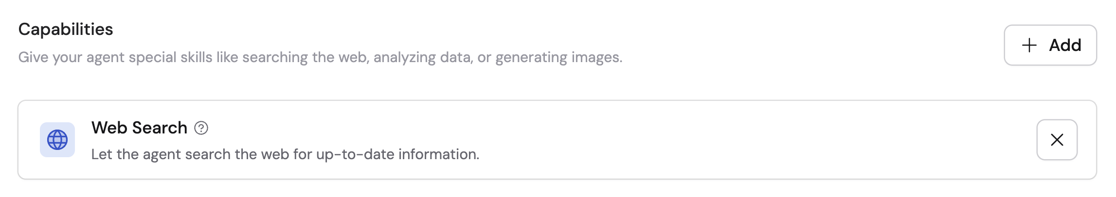 Capabilities section showing Web Search added to the Agent