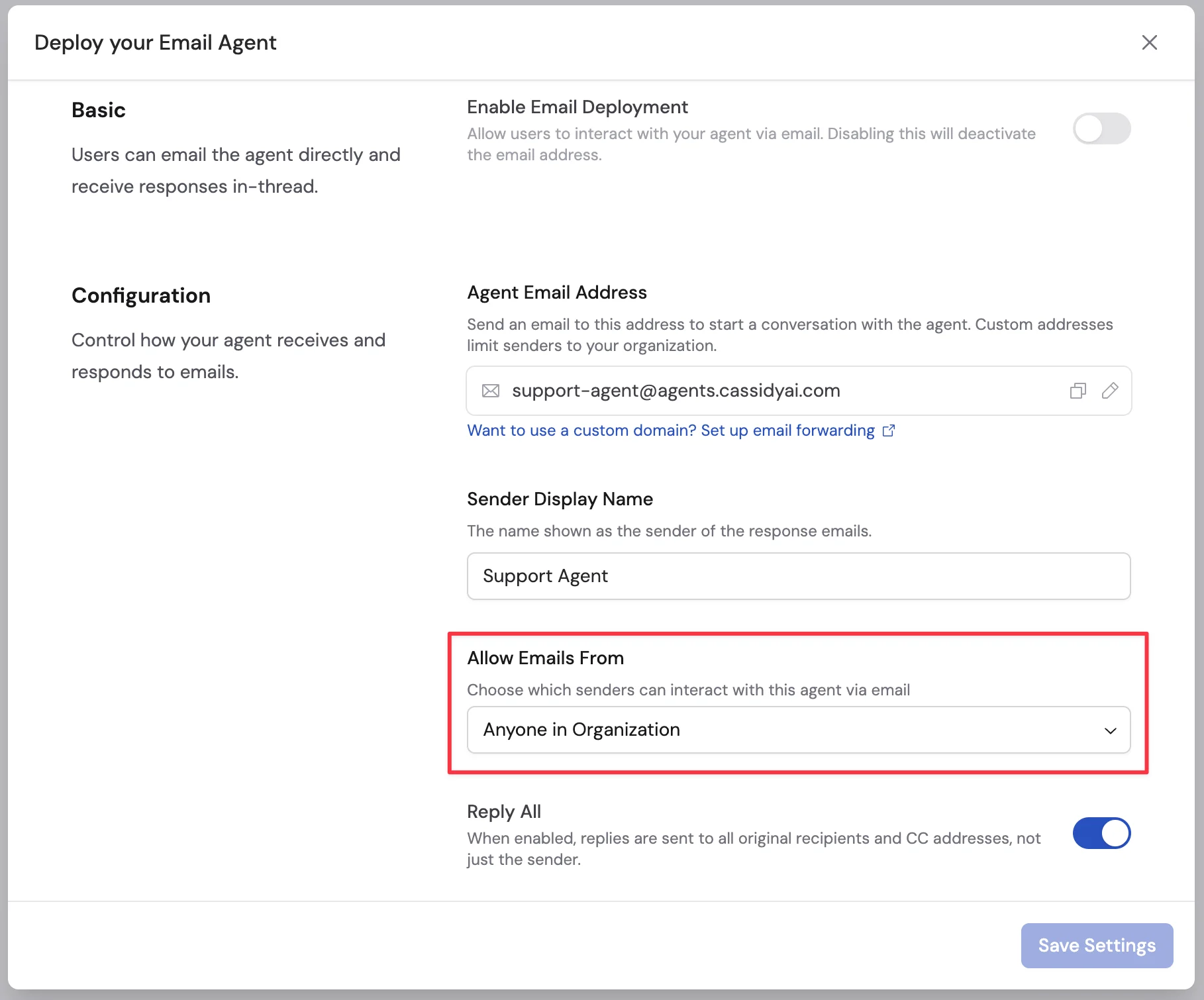 Allow Emails From dropdown showing filter options