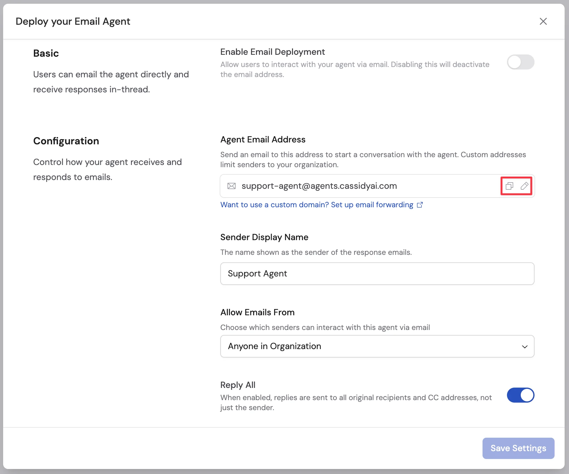 Email address field showing the editable name and @agents.cassidyai.com domain