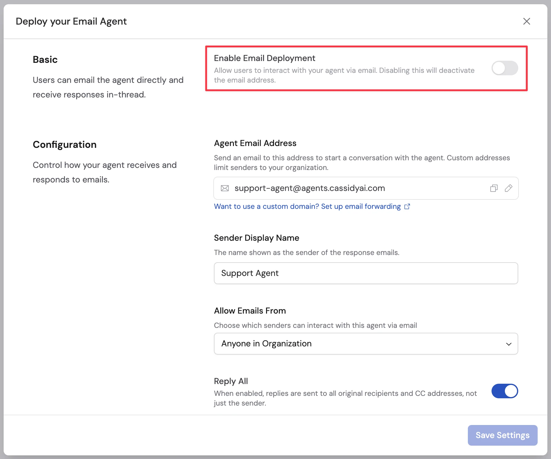 Email deployment settings with the Enable toggle