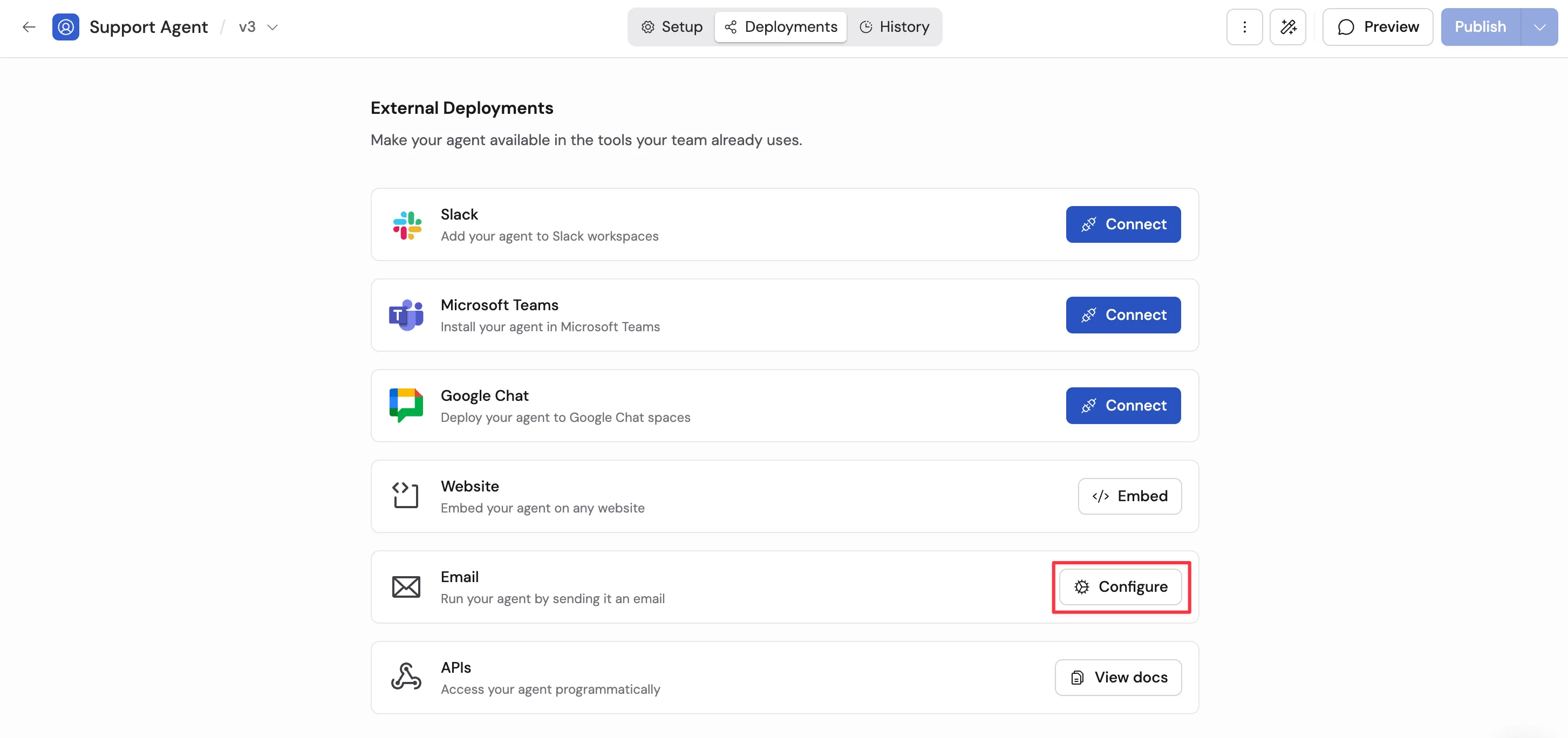 Agent settings with the Deployments tab selected, showing Email option