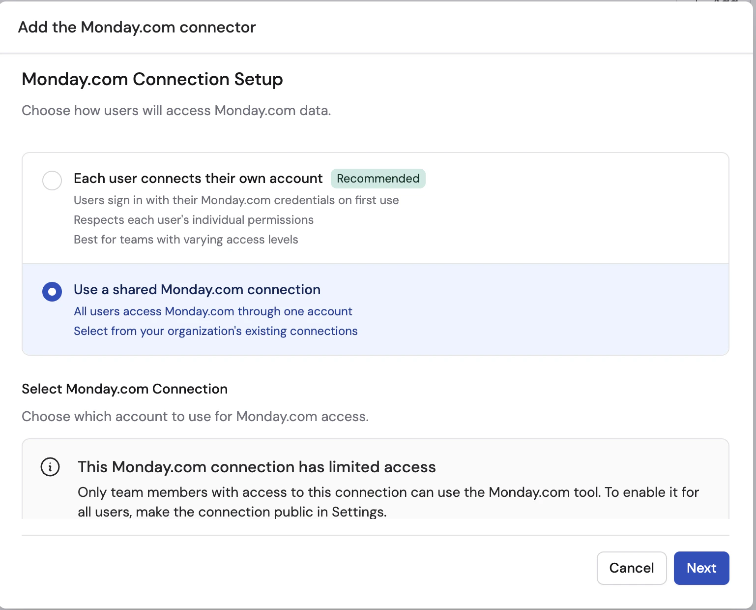 Monday.com connection setup showing per-user and shared connection options