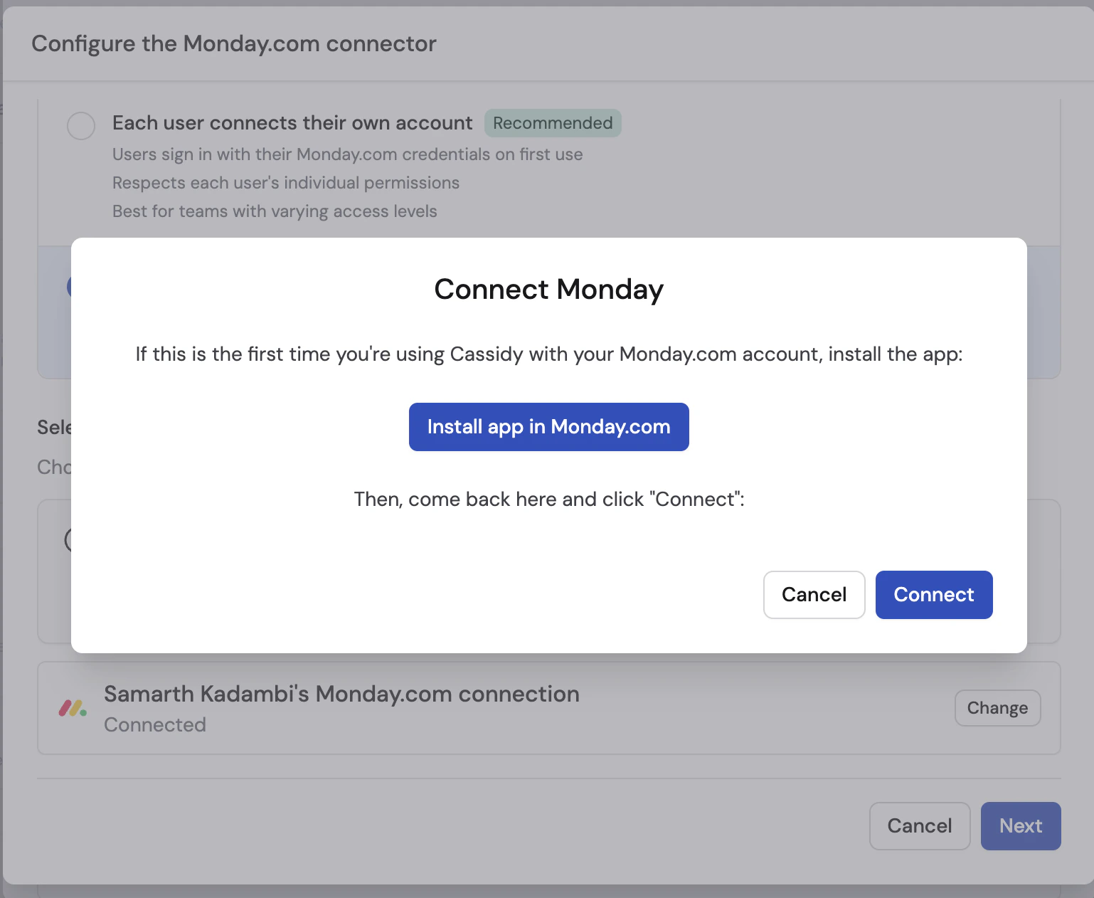 Connect Monday dialog prompting the user to install the app in Monday.com before connecting