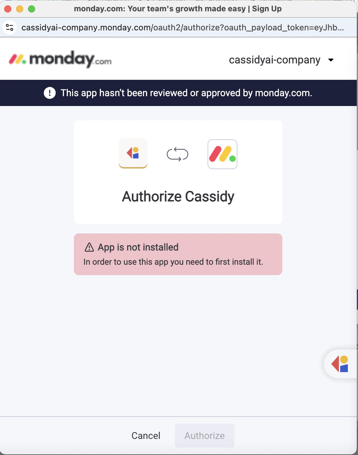 Monday.com authorization screen showing an App is not installed error