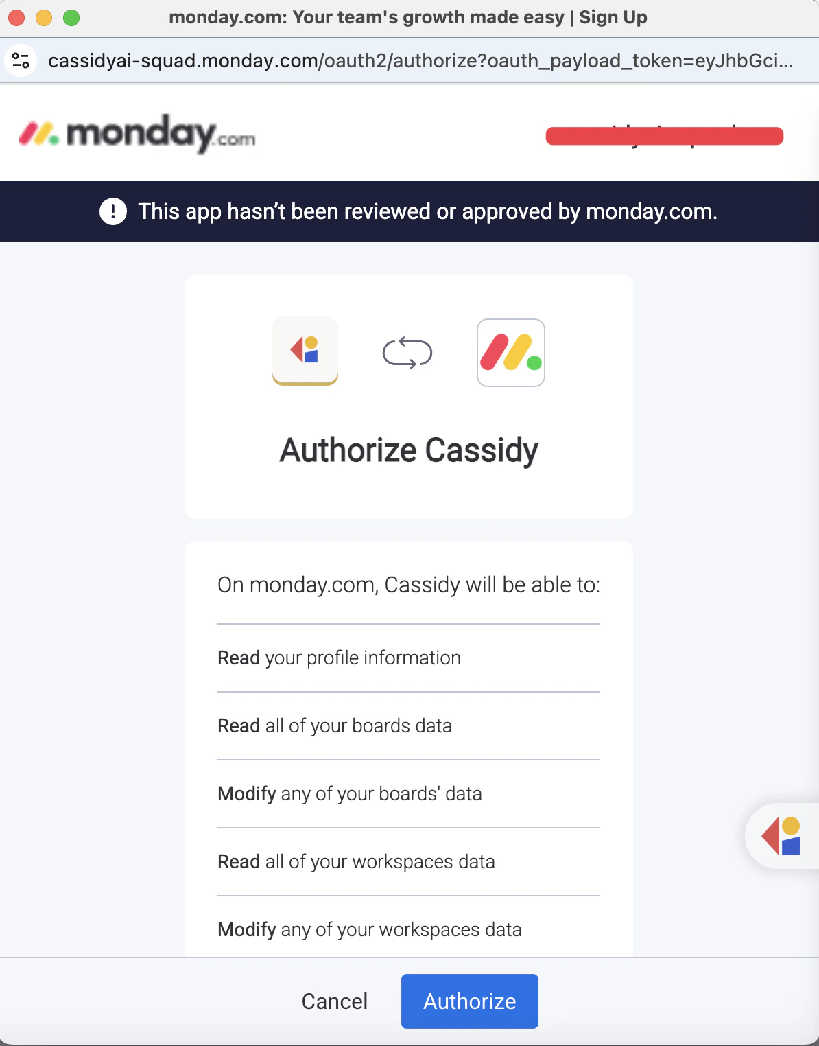 Monday.com authorization screen with the Authorize button enabled