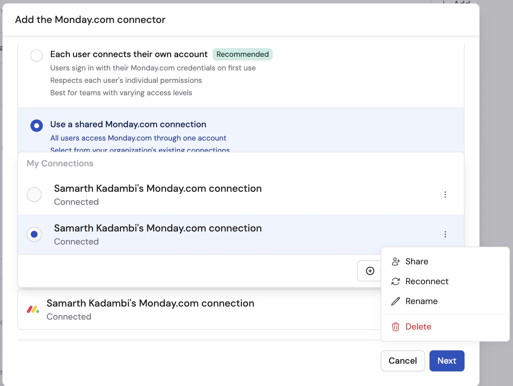 Shared Monday.com connection list with menu options including Share and Reconnect