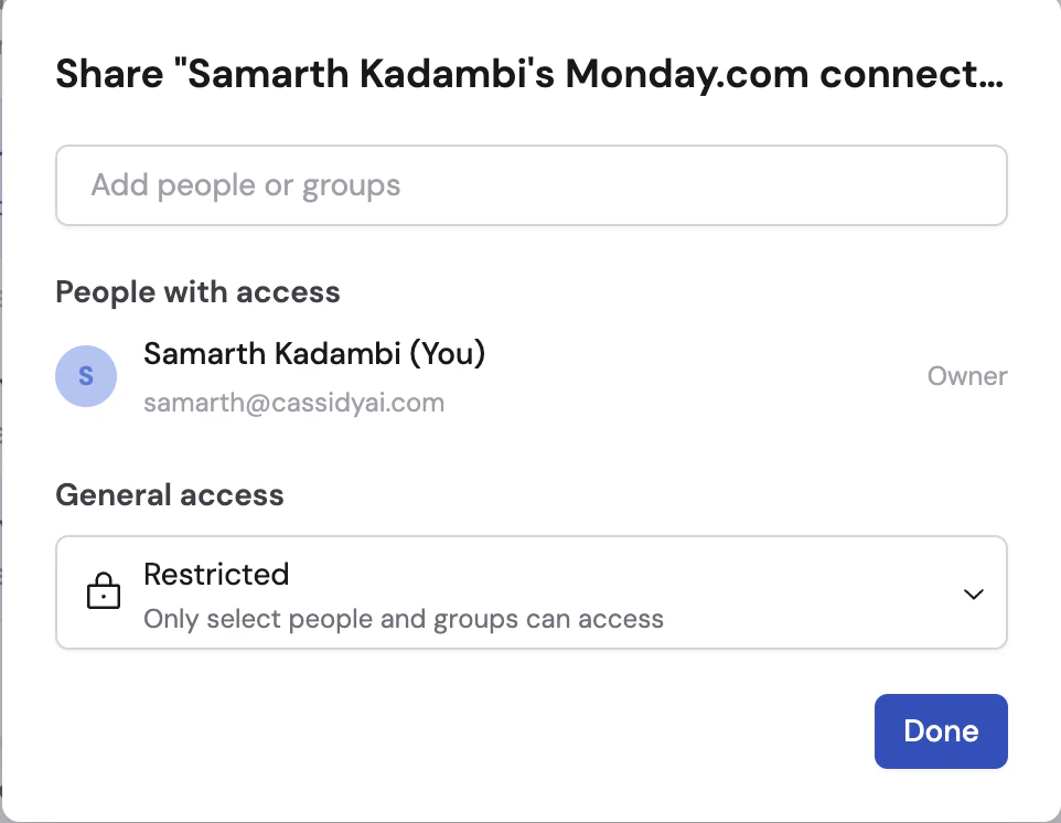 Share dialog for a Monday.com connection showing people access and general access settings