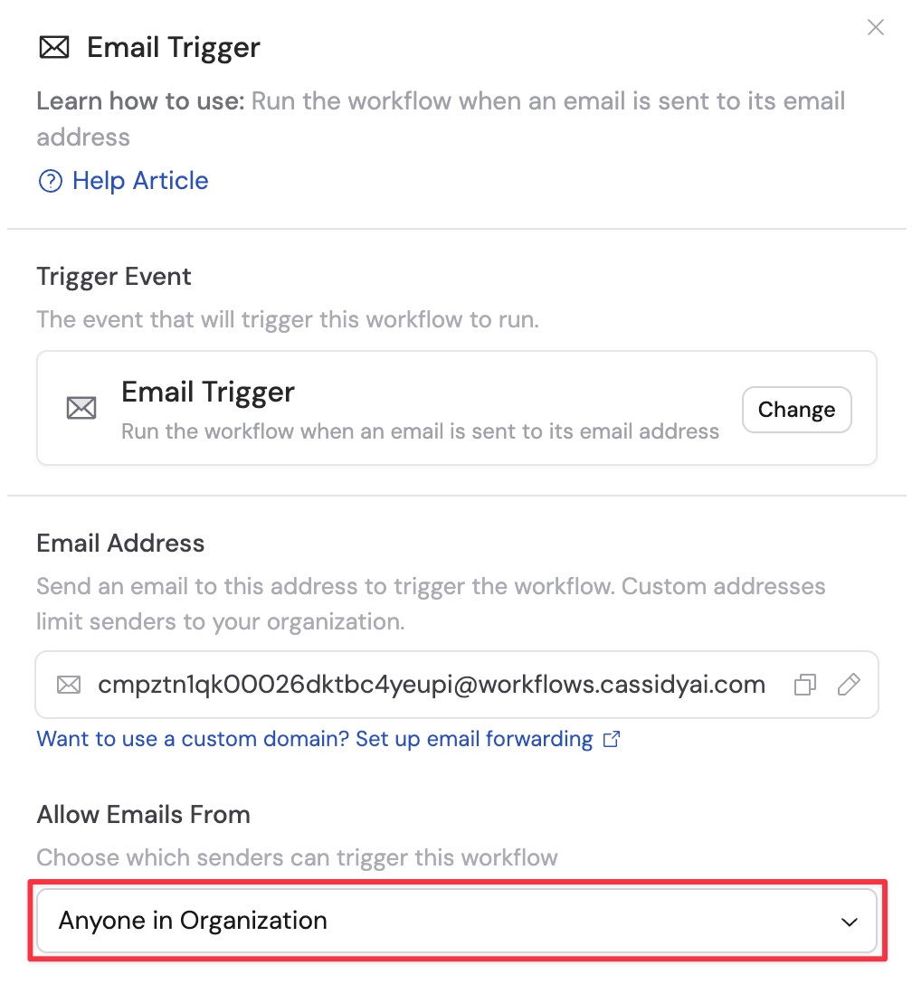 Allow Emails From dropdown showing the four filter options