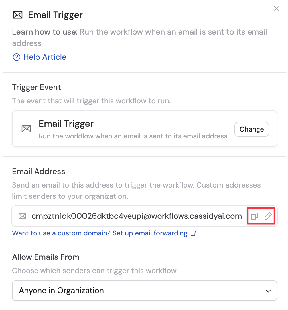 Email trigger editor panel showing the email address field with copy button
