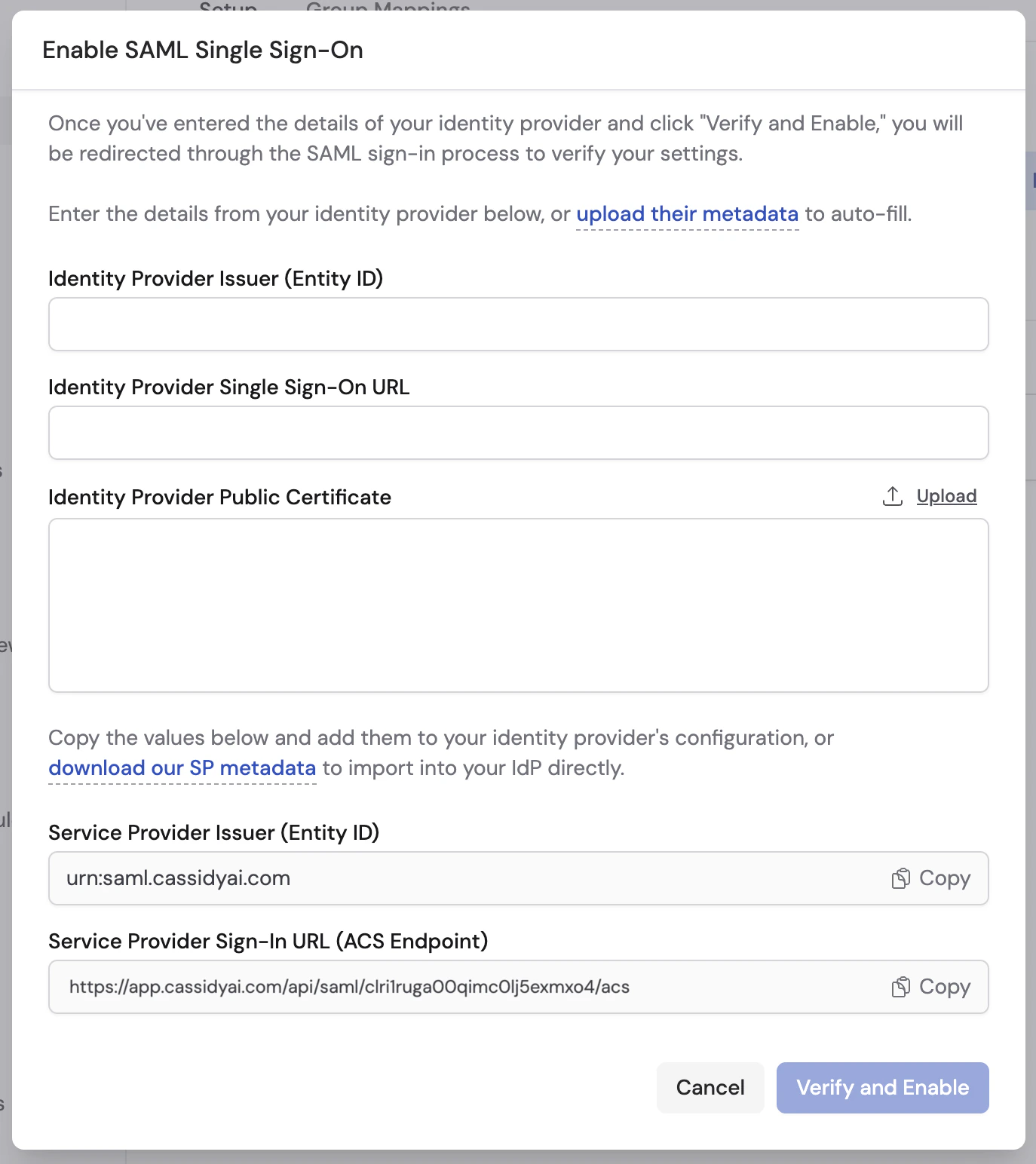 Enable SAML Single Sign-On configuration modal showing IdP metadata upload, configuration fields, certificate upload, and SP metadata download