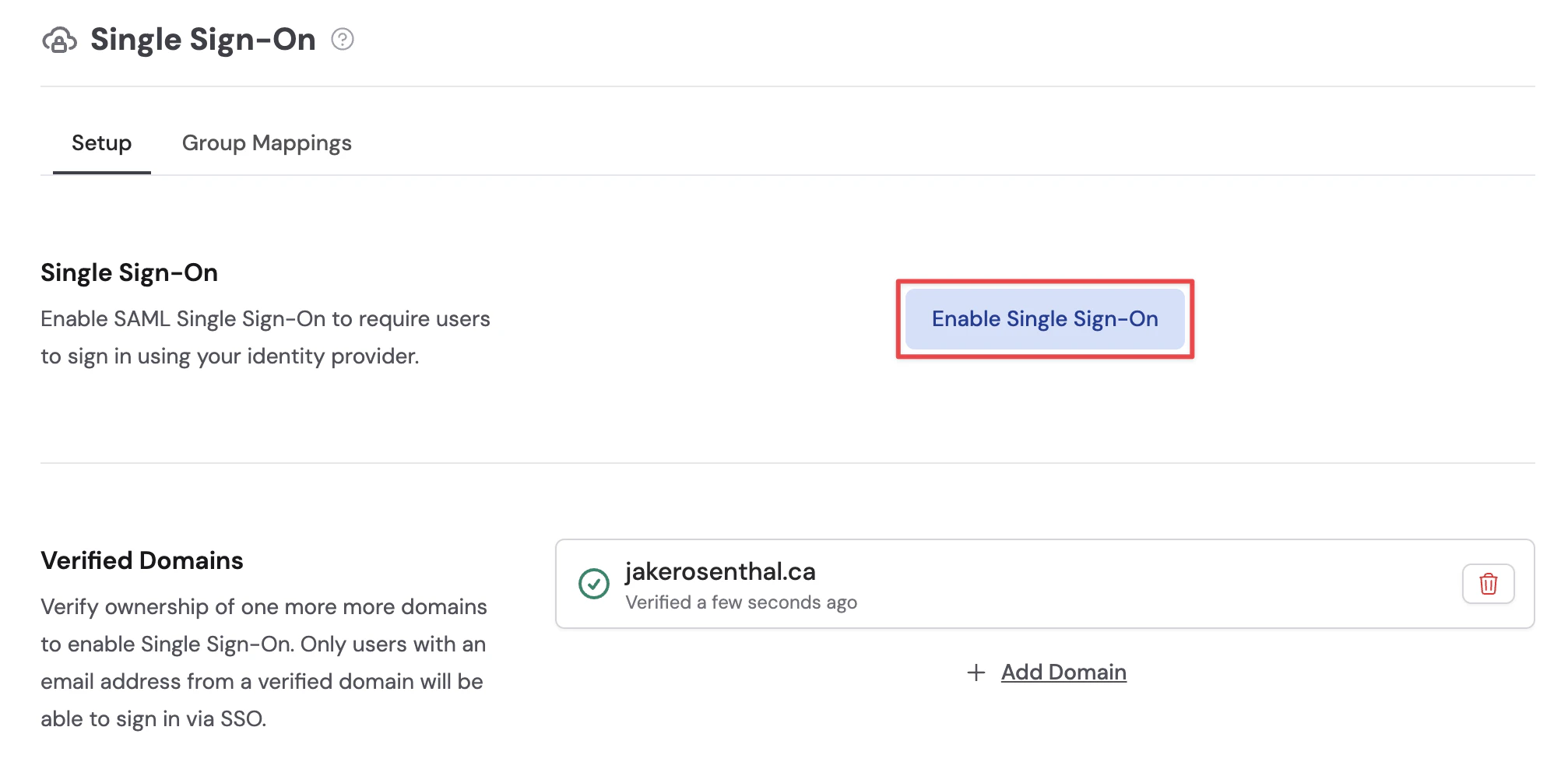 SSO settings page showing the Enable Single Sign-On button after a domain has been verified