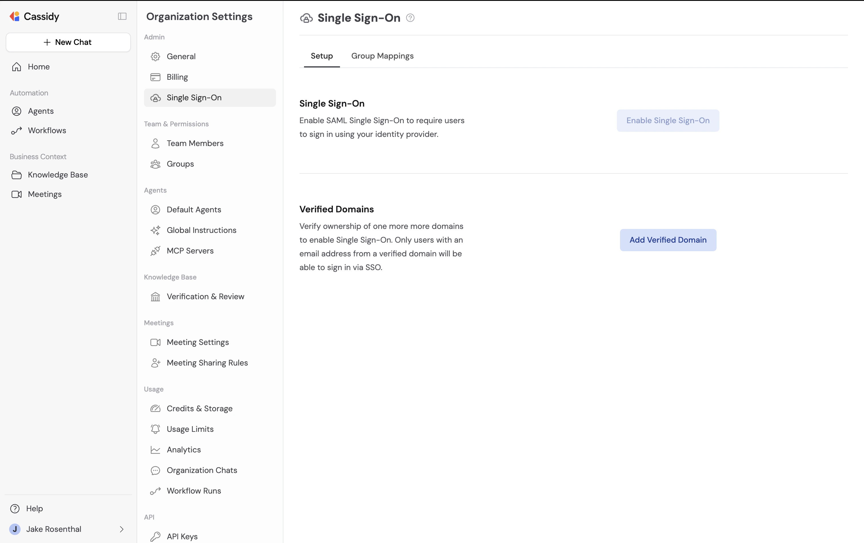 SSO configuration page in Organization Settings