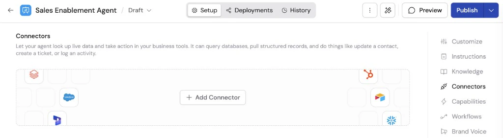 Agent Setup tab showing the Connectors section