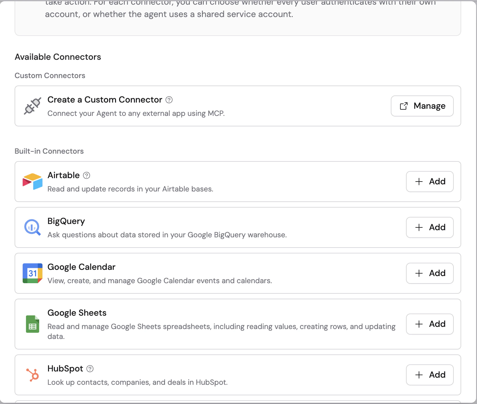 Connectors Section showing google calendar connector