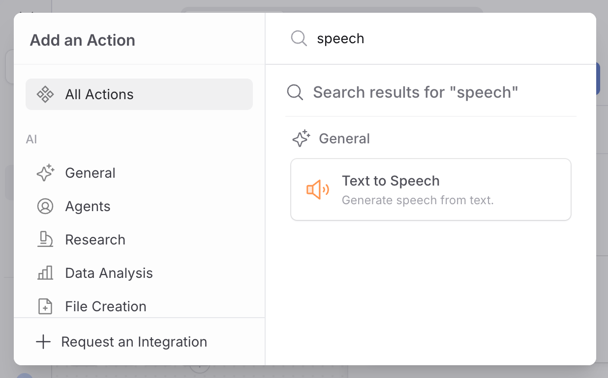 Workflow builder with the Text to Speech action selected