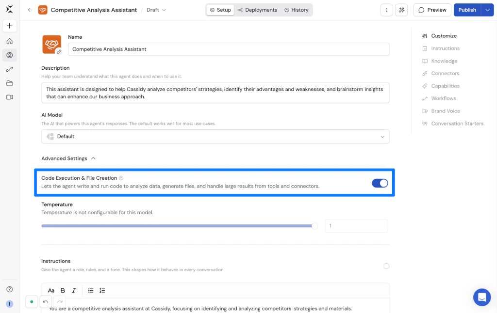 Agent Advanced Settings showing Code Execution & File Creation enabled